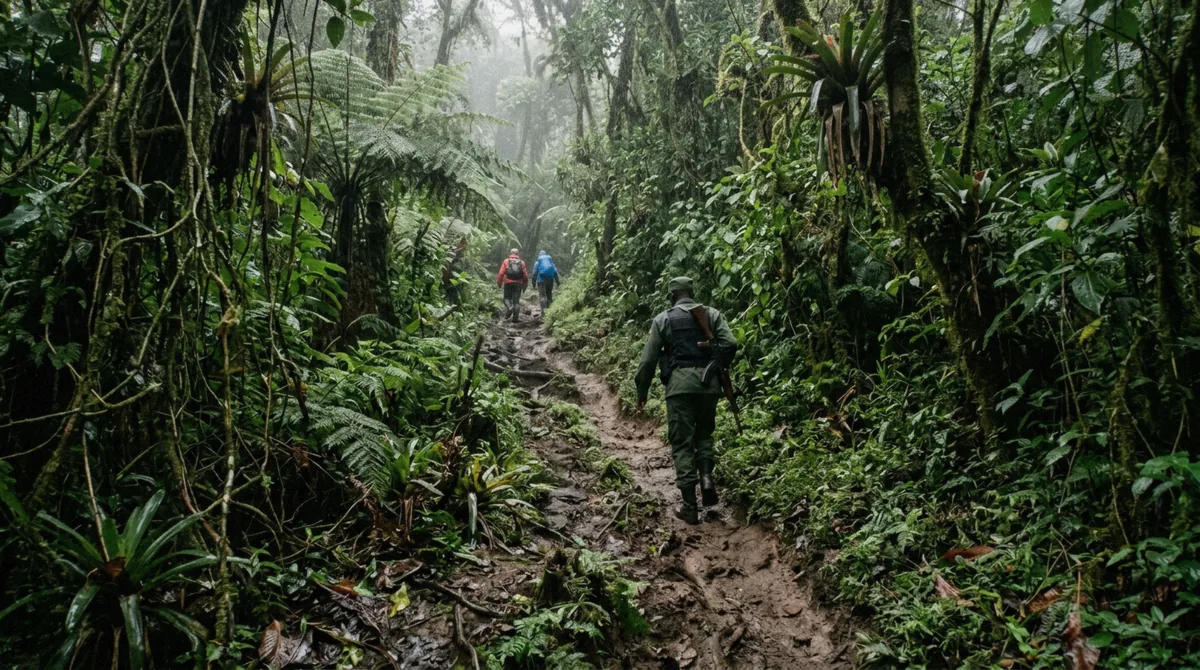A ranger leading two hikers up a muddy trail through dense Bwindi rainforest