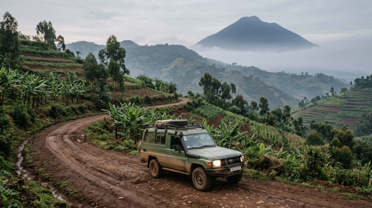 A safari Land Cruiser on a red dirt road through terraced hills near the Rwanda-Uganda border at dawn