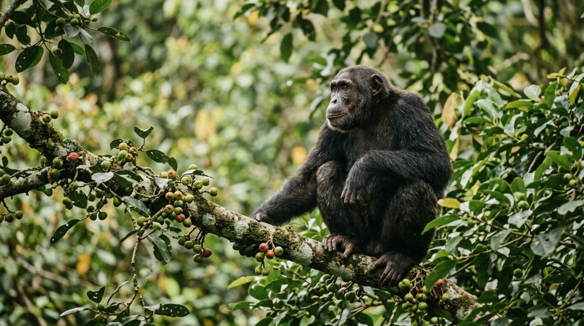 A wild chimpanzee on a high branch in the Kibale Forest canopy