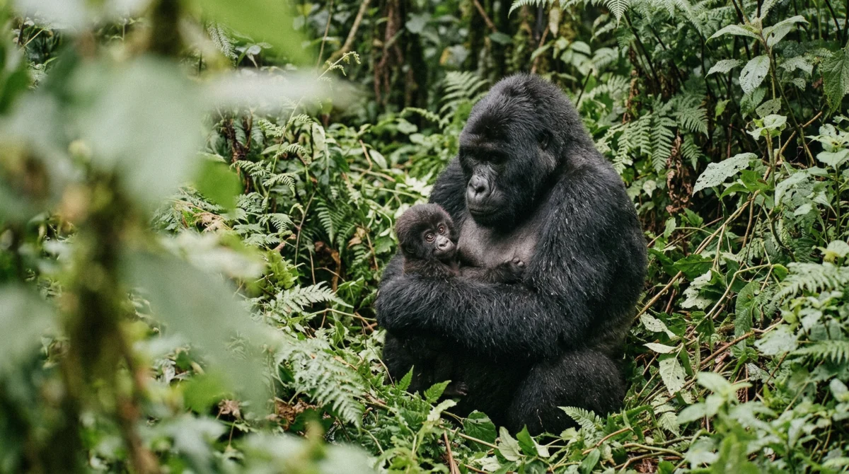 A mountain gorilla mother holding her infant in thick undergrowth in Bwindi