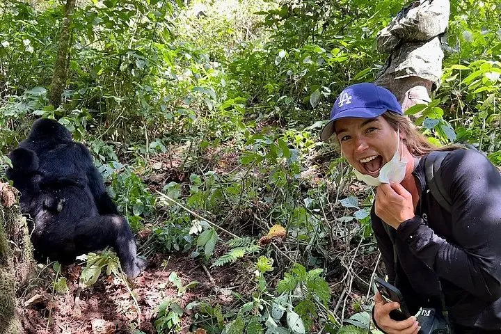 A trekker smiling a few metres from a gorilla in thick undergrowth