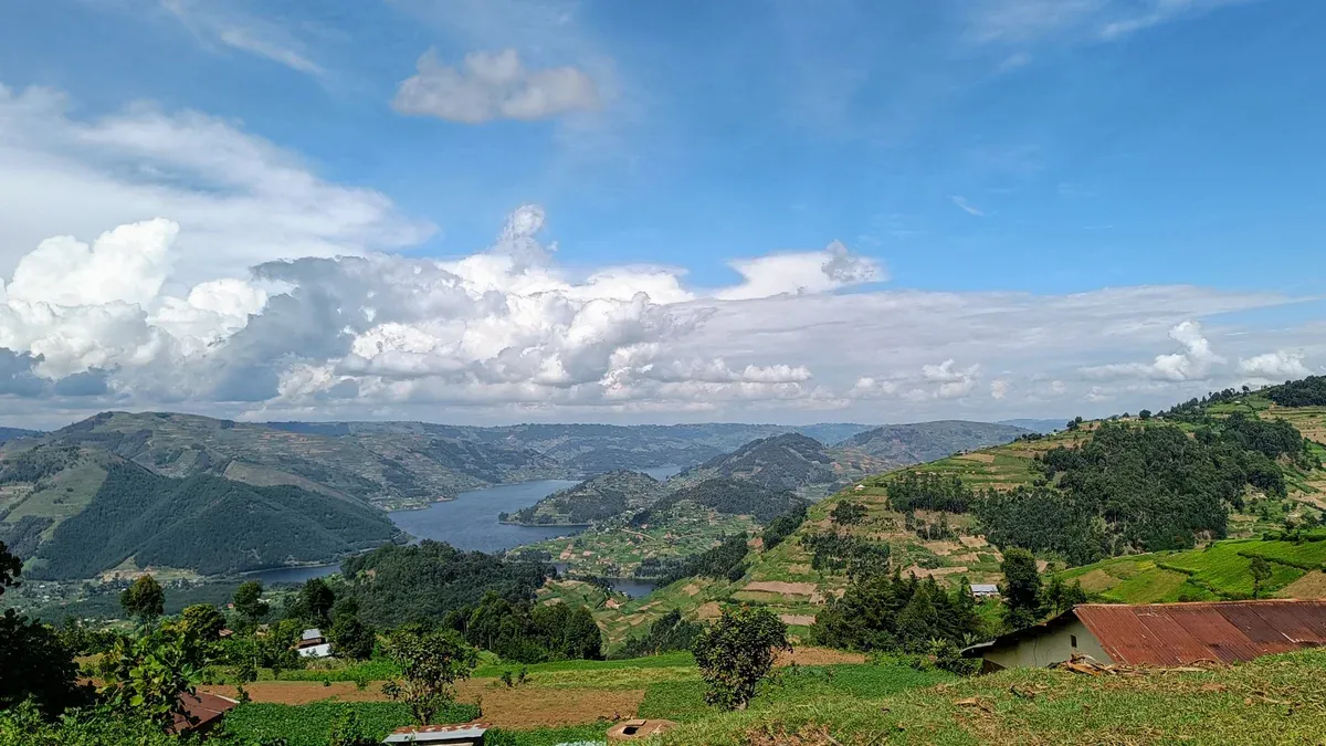 Lake Bunyonyi and its terraced shores seen from the hills