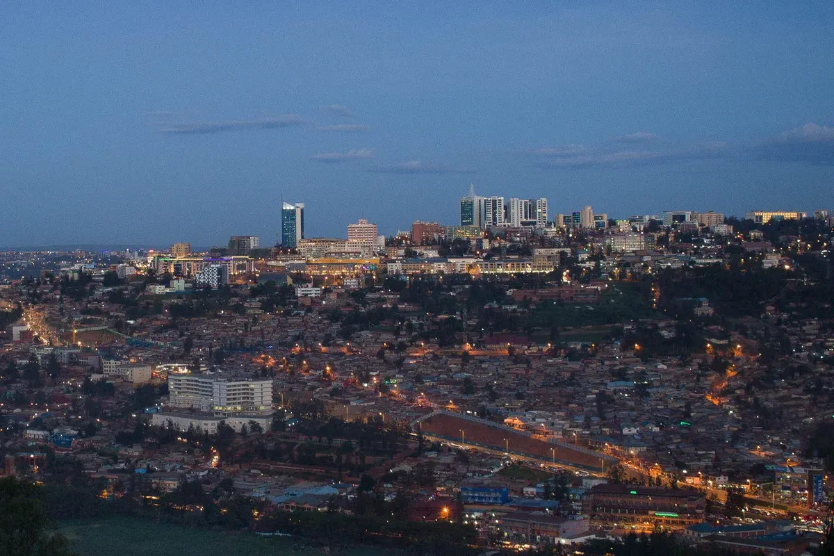 The skyline of central Kigali at dusk